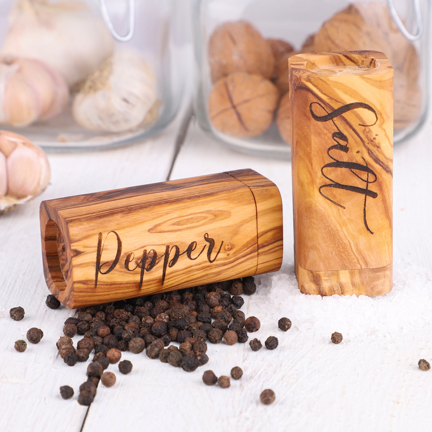 Hand-Carved Olive Wood Salt & Pepper Shakers – Rustic Charm for Every Table